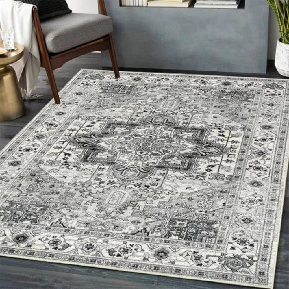 New 5x7 Gray Boho Area Rug, Washable, Ultra Soft Low-Pile Non-Slip Carpet